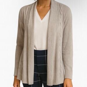 Talbots Sz XL Petite Oatmeal Marled Chunky Cable Knit Open Front Cardigan Cotton